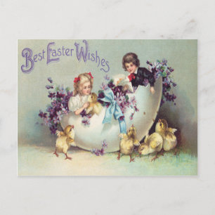 Cartão Postal De Festividades Crianças Ovos de Páscoa Violeta Frango
