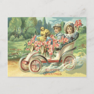Cartão Postal De Festividades Crianças Páscoa Frango Antigo Carro Floral