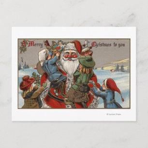 Cartão Postal De Festividades Crianças subindo em Papais noeis