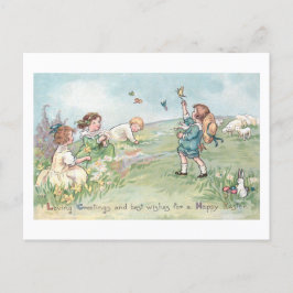 Cartão Postal De Festividades Crianças Vintage com Borregos e Coelhinhos de Pásc