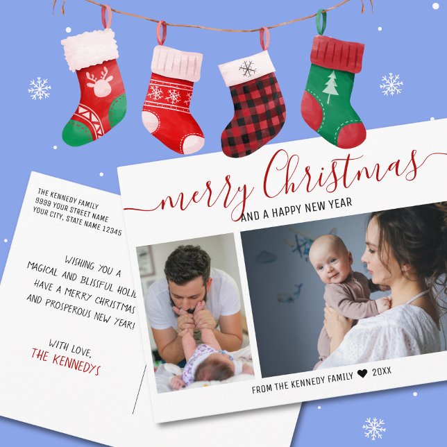 Cartão Postal De Festividades Crie seu próprio 2 Famílias Foto Vermelha Feliz Na (Create Your Own 2 Family Photo Red Merry Christmas Holiday Postcard)
