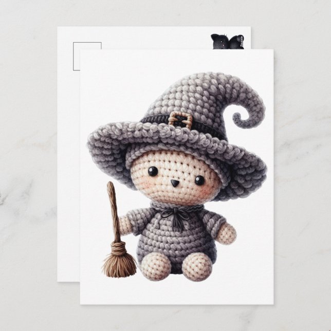 Cartão Postal De Festividades Crochet Cute Witch (Frente/Verso)
