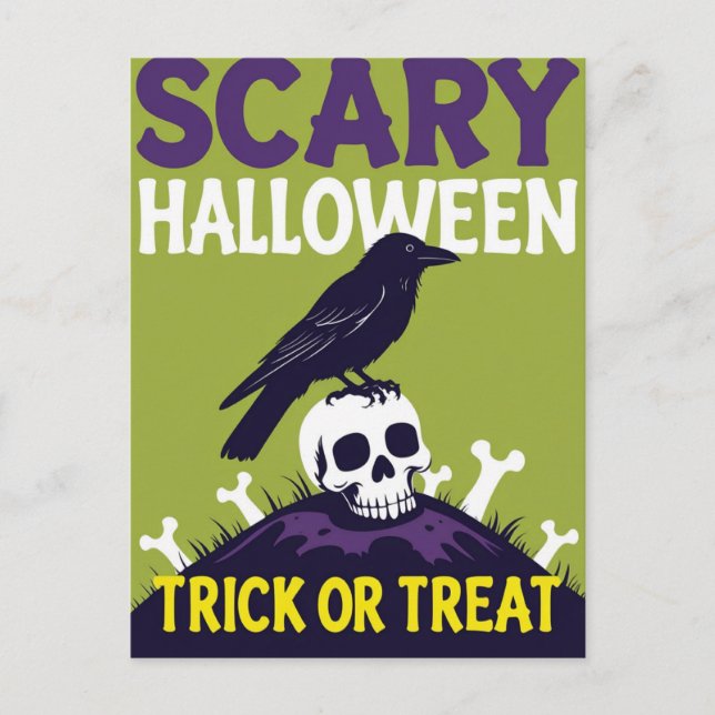 Cartão Postal De Festividades Crow on Skull Trick or Treat Halloween (Frente)