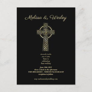 Cartão Postal De Festividades Cruz celta minimalista simples preto dourado casam