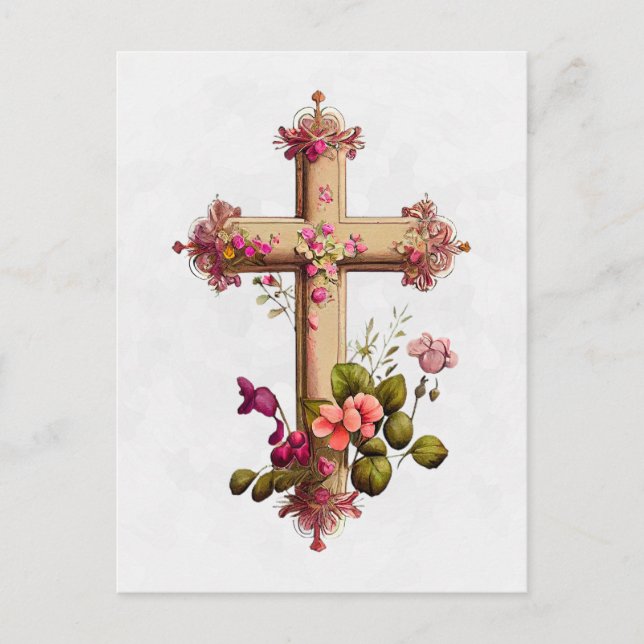 Cartão Postal De Festividades Cruz Elegante de Madeira com Flores Rosa (Frente)