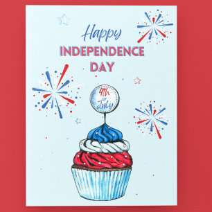 Cartão Postal De Festividades Cupcake Patriótico Vermelho e Azul Luz Encharcado