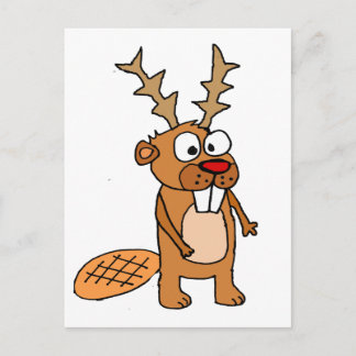 Cartão Postal De Festividades Curioso Beaver com Reindeer Antlers de Natal