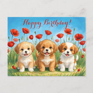 Cartão Postal De Festividades Custom Cute Puppies & Red Poppies Happy Birthday