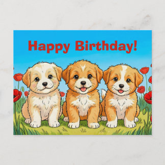Cartão Postal De Festividades Custom Cute Puppies & Red Poppies Happy Birthday