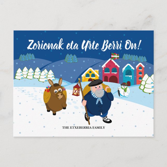 Cartão Postal De Festividades Custom text Basque Olentzero Christmas snow scene: (Frente)