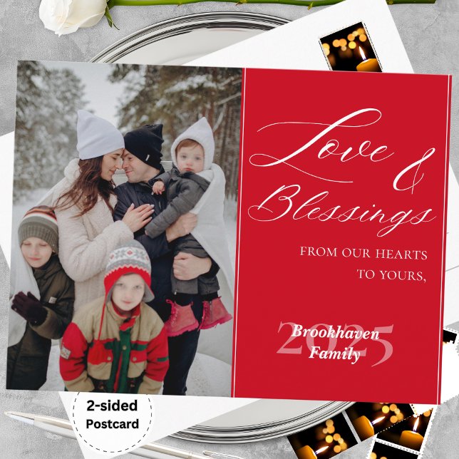 Cartão Postal De Festividades Customized Family Name 1 Photo Year Elegant Script (Custom Family 1 Photo Elegant Script Holiday Post Card)