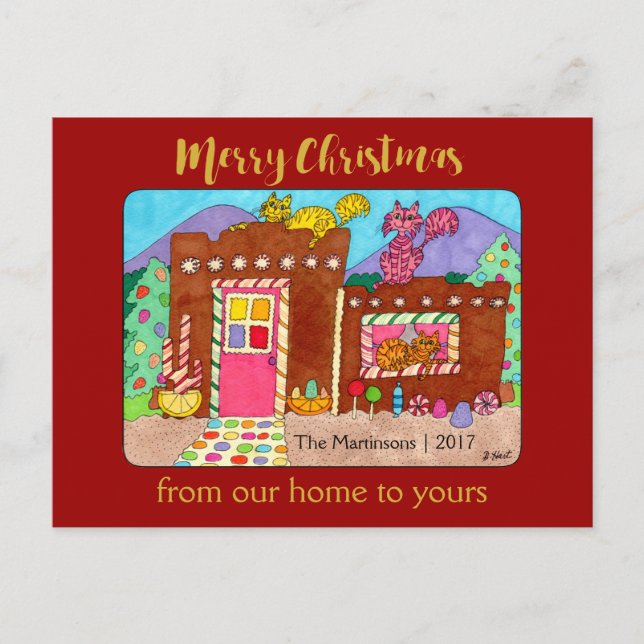 Cartão Postal De Festividades Cute Adobe Gingerbread House & Cats Christmas (Frente)