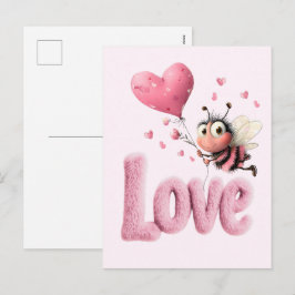 Cartão Postal De Festividades Cute Bee Fluffy Pink Love Heart Balloon Design