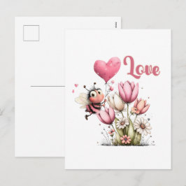 Cartão Postal De Festividades Cute Bee Love Heart & Floral 