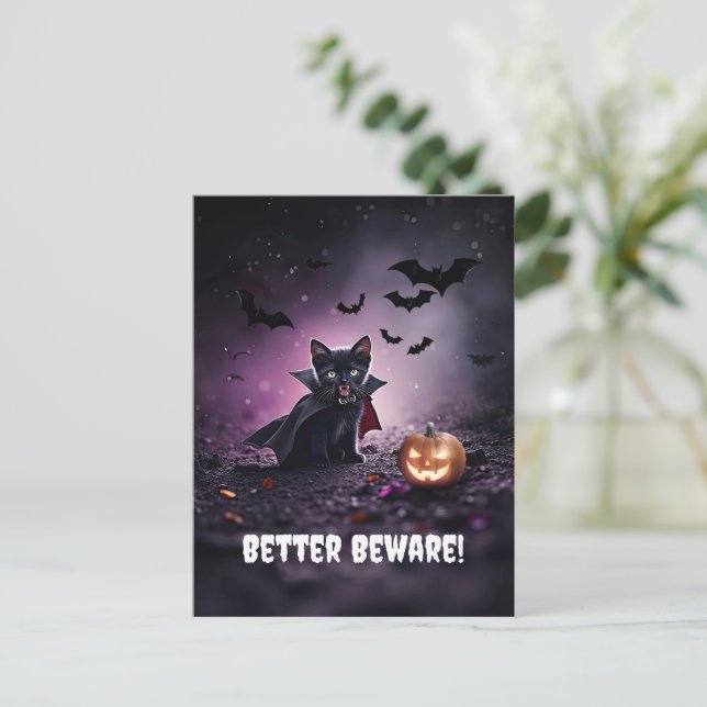 Cartão Postal De Festividades Cute Black Cat Vampire Halloween (Em pé/Frente)