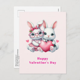 Cartão Postal De Festividades Cute Bunnies Sharing a Heart Valentine's Day