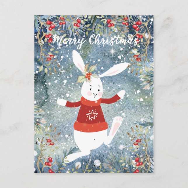 Cartão Postal De Festividades cute bunny christmas holiday card berries (Frente)