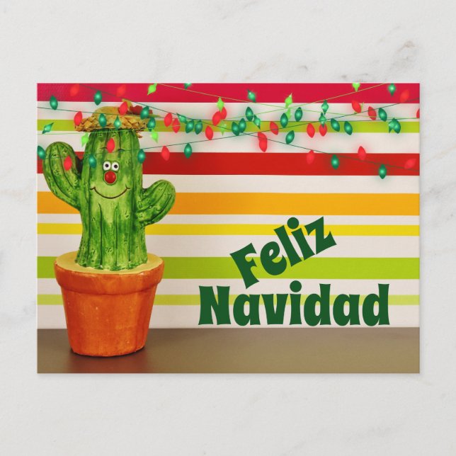Cartão Postal De Festividades Cute Cactus e Luzes Festivas Feliz Navidad (Frente)