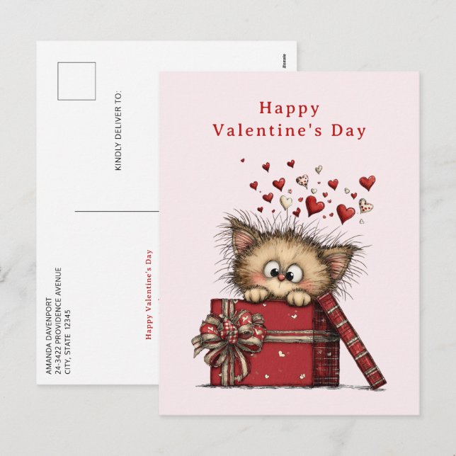 Cartão Postal De Festividades Cute Cartoon Kitten with Hearts Valentine's Day (Frente/Verso)
