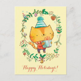 Cartão Postal De Festividades Cute Christmas cat with big gift box Postcard