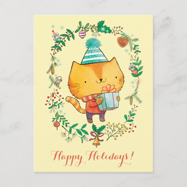 Cartão Postal De Festividades Cute Christmas cat with big gift box Postcard (Frente)
