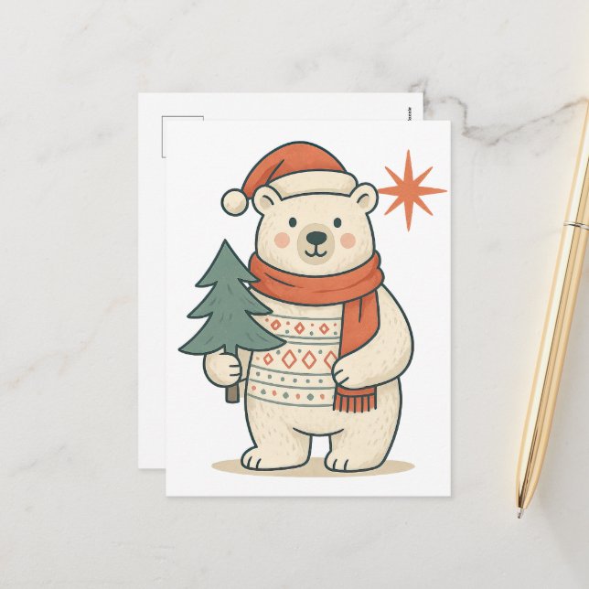 Cartão Postal De Festividades Cute Christmas Polar Bear Postcard | Scandinavian  (Frente/Verso In Situ)