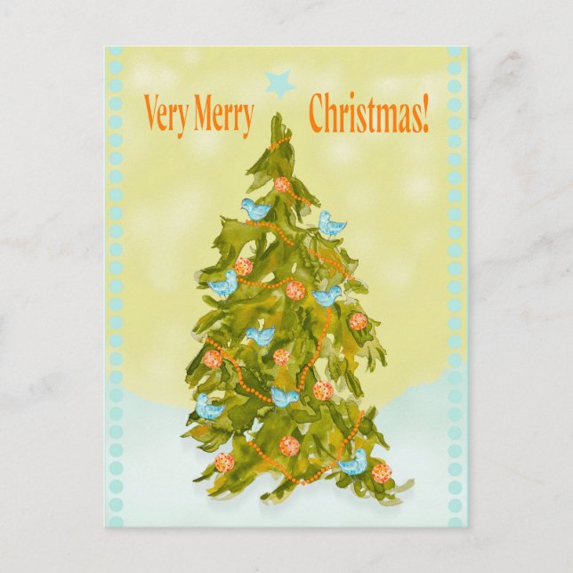 Cartão Postal De Festividades Cute Christmas Tree with Blue Birds (Frente)