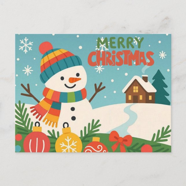 Cartão Postal De Festividades Cute, classic Merry Christmas snowman (Frente)