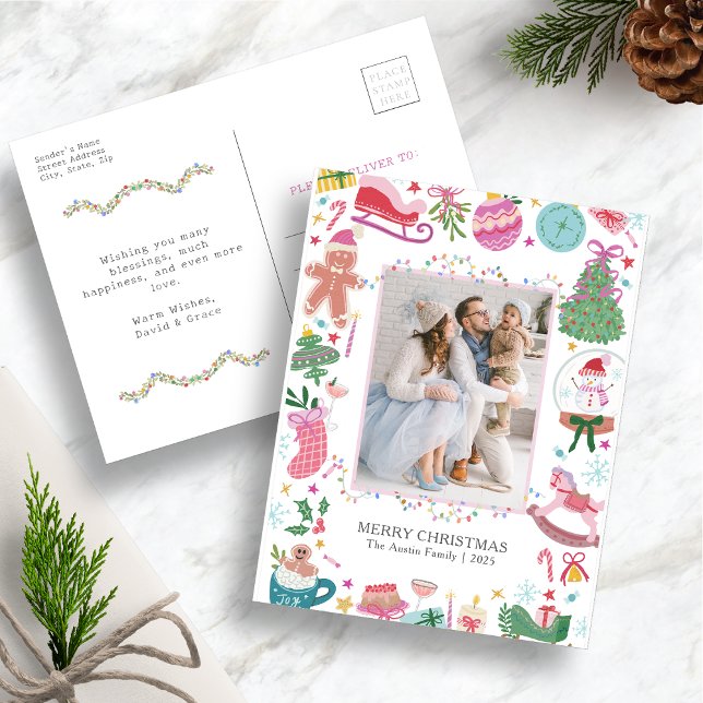 Cartão Postal De Festividades Cute Colorful Christmas Postcard (Hand-drawn Whimsical Charm Chic Holiday  Colorful Christmas Photo Postcard by Painted Paperie)