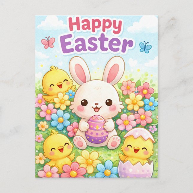 Cartão Postal De Festividades Cute Easter Bunny & Chicks | Happy Easter (Frente)