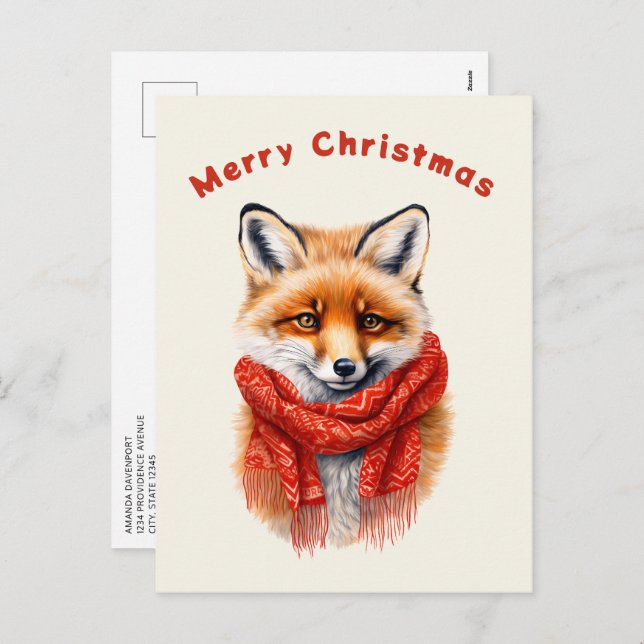 Cartão Postal De Festividades Cute Fox in a Red Scarf Autumn Image (Frente/Verso)