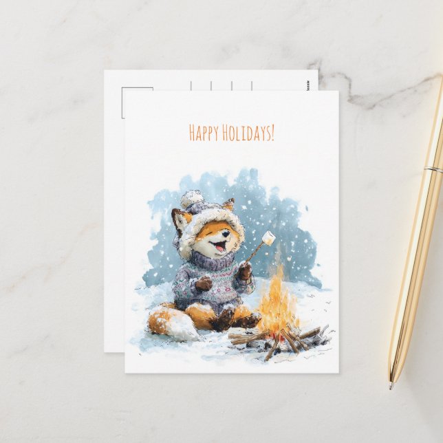 Cartão Postal De Festividades Cute fox in warm sweater roasting marshmallows,  (Frente/Verso In Situ)