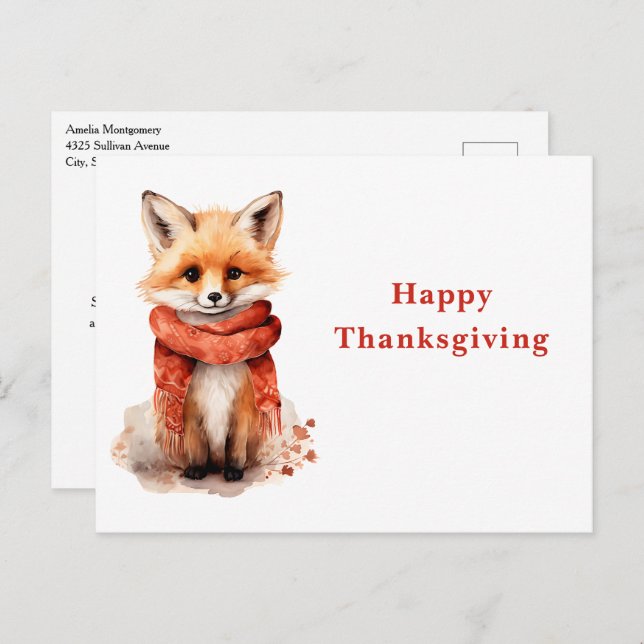 Cartão Postal De Festividades Cute Fox Pup in a Red Scarf Thanksgiving (Frente/Verso)