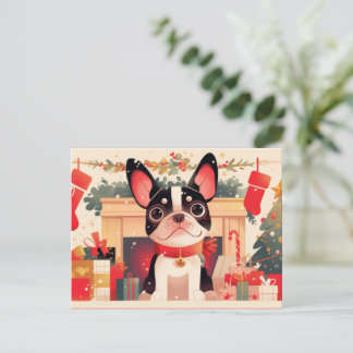 Cartão Postal De Festividades Cute French Bulldog by the Christmas Fireplace