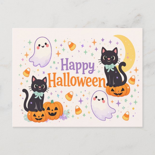 Cartão Postal De Festividades Cute Friendly Cats Ghosts Pumpkins Halloween  (Frente)