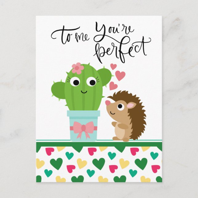 Cartão Postal De Festividades Cute Hedgehog's Valentine | Cactus You're Perfect (Frente)