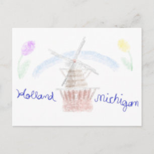 Cartão Postal De Festividades Cute Holland Michigan Moinho de Vento em Aquarela