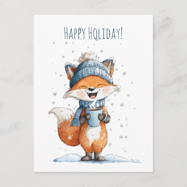 Cartão Postal De Festividades Cute little fox enjoying a warm drink (Frente)