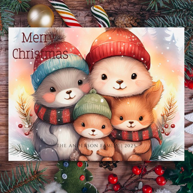 Cartão Postal De Festividades Cute Merry Christmas Woodland Animal Family  (Criador carregado)