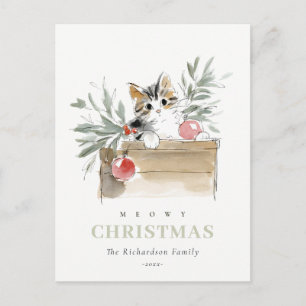 Cartão Postal De Festividades Cute Modern Watercolor Meowy Caixa de Natal Gato