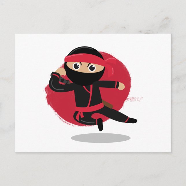 Cartão Postal De Festividades Cute Ninja Guerreira Preto e Vermelho (Frente)