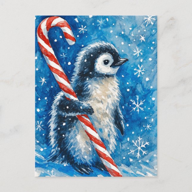 Cartão Postal De Festividades Cute Penguin with Candy Cane Christmas Postcard (Frente)