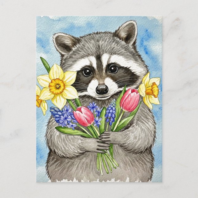 Cartão Postal De Festividades Cute Raccoon with Spring Flowers Postcard (Frente)