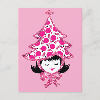 Cartão Postal De Festividades Cute Retro Pink Christmas Girl with Tree Hat