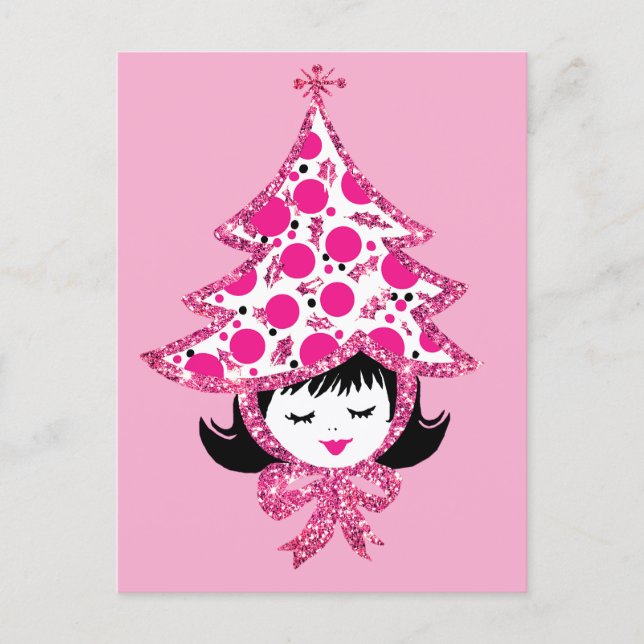 Cartão Postal De Festividades Cute Retro Pink Christmas Girl with Tree Hat (Frente)