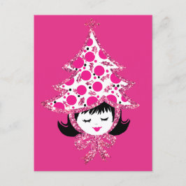Cartão Postal De Festividades Cute Retro Pink Christmas Girl with Tree Hat