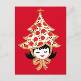Cartão Postal De Festividades Cute Retro Vintage Christmas Girl with Tree Hat