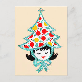 Cartão Postal De Festividades Cute Retro Vintage Christmas Girl with Tree Hat