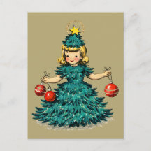 Cute Retro Vintage Christmas Tree Girl