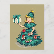 Cute Retro Vintage Christmas Tree Girl